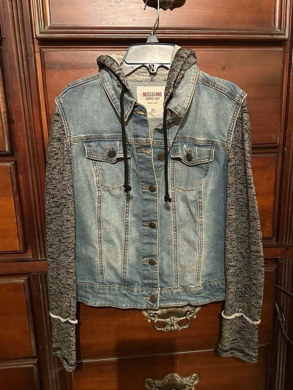 Mossimo Supply Co. Denim Jacket Size M Gray Knit Sleeves Hood